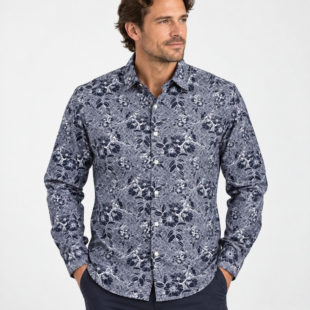 Robert Graham Mens Navy White Floral Geometric Classic Fit Long Sleeve Shirt M
